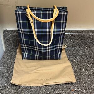 Burberry Navy Plaid Tote with Yellow Handles like new